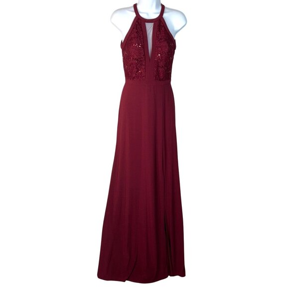 Nightway Wine Red Lace Halter Sleeveless Slit Full Length Cocktail Prom Gown 2 - Picture 2 of 8